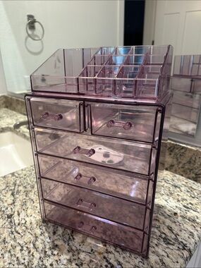 2 Piece Clear Purple Acrylic Makeup Organizer with Drawers